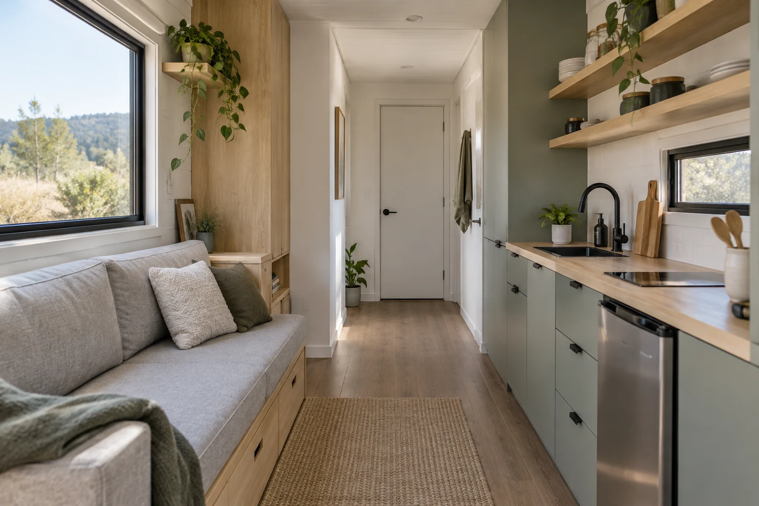 Compact container home interior concept with kitchen and living space