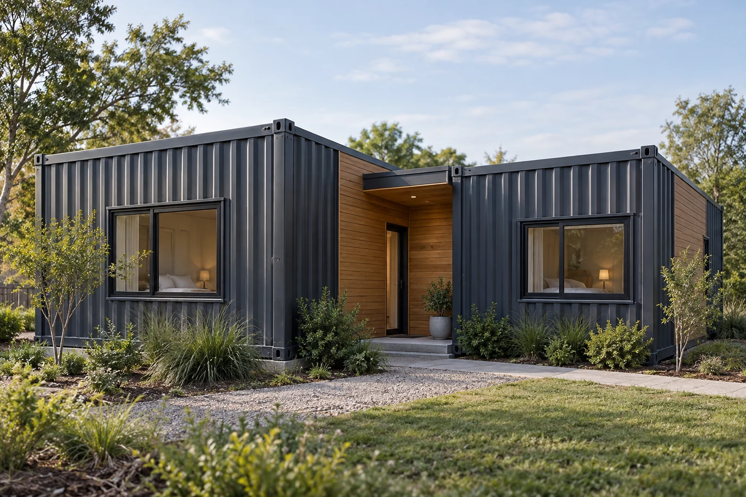 Modern container home exterior concept with connected modules