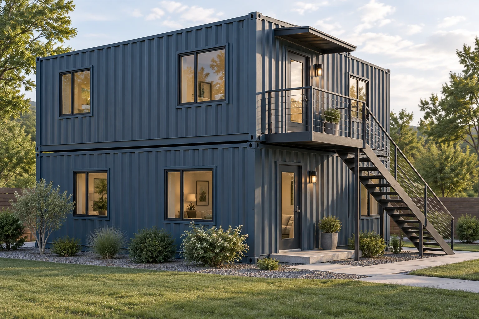 Two-level container home exterior concept with an outside stair