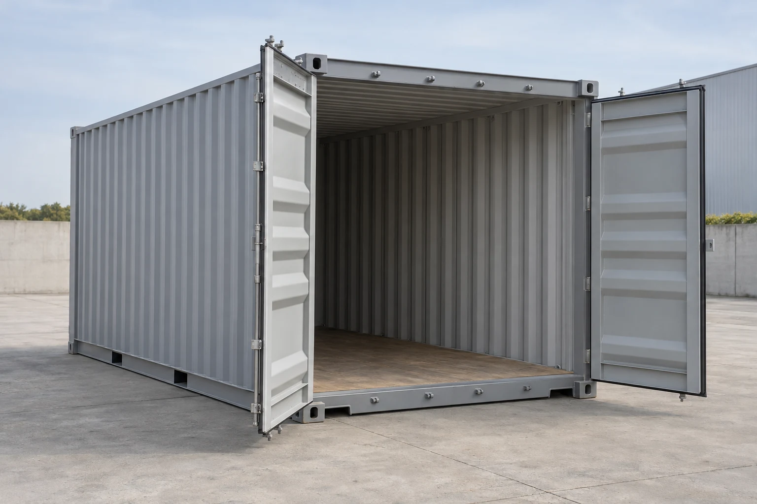 Illustrative dry steel container with open end cargo doors