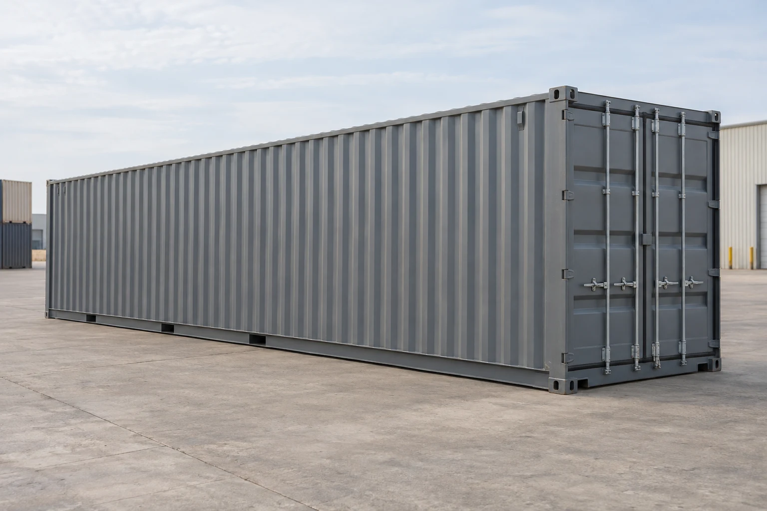 Illustration of a standard 40ft shipping container with its cargo doors closed.