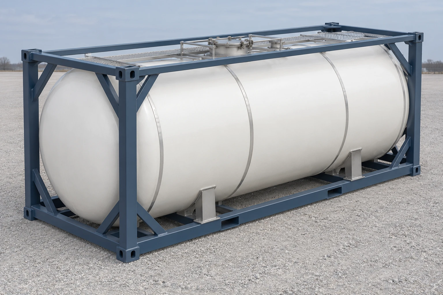 Illustration of a 20ft-class ISO liquid tank vessel enclosed by a rectangular steel frame.